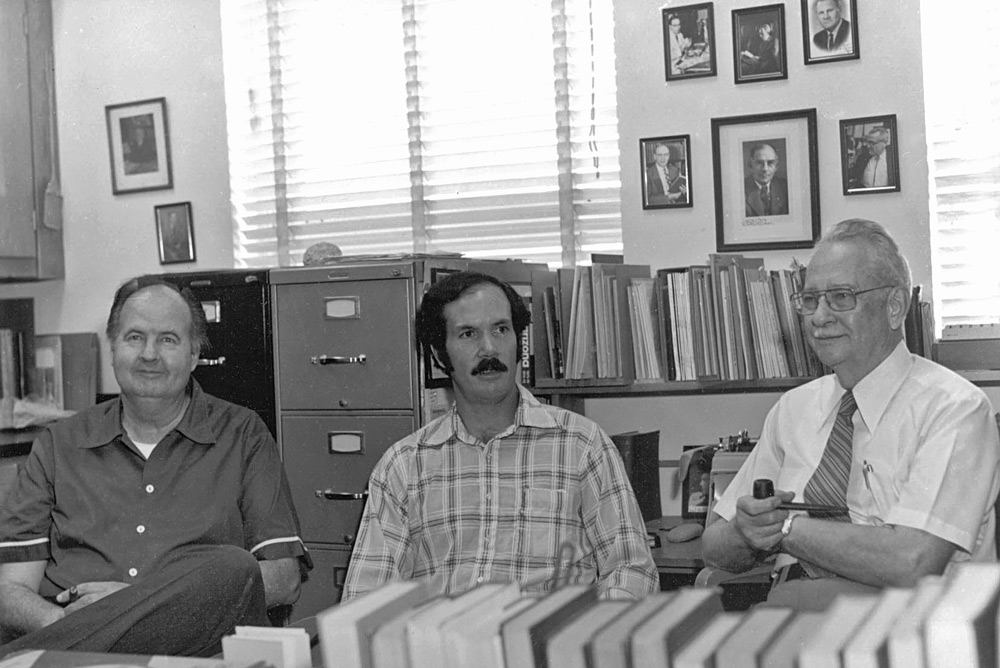 Charles Lowe (left), Michael Robinson, and Howard Gloyd, 1968, Gloyd's office, University of Arizona, photo by Oscar Soule