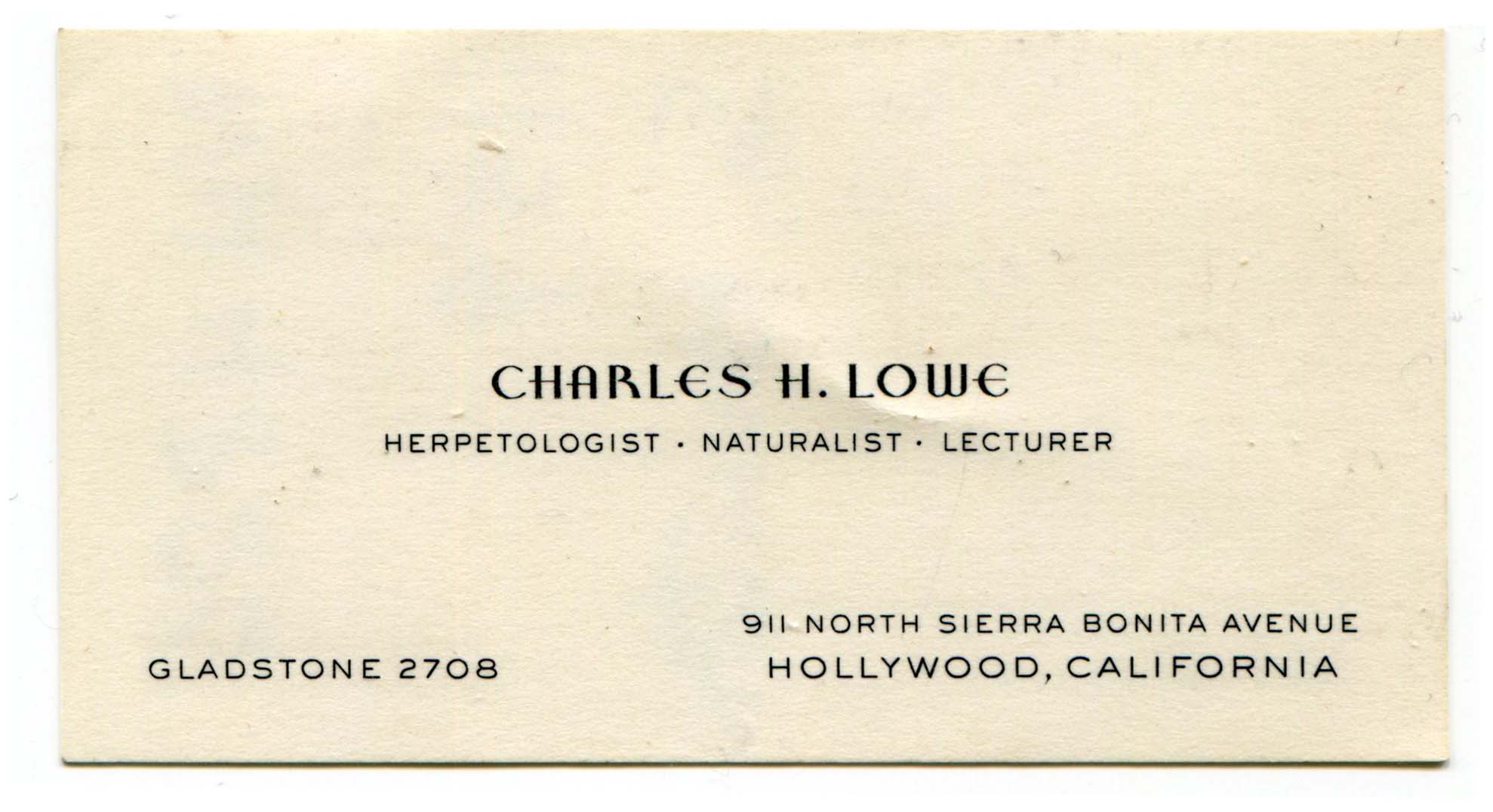 Charles H. Lowe's card, given in 1974 to Robert Bezy and Kathryn Bolles by Doris Sidall, Lowe's  high school biology teacher