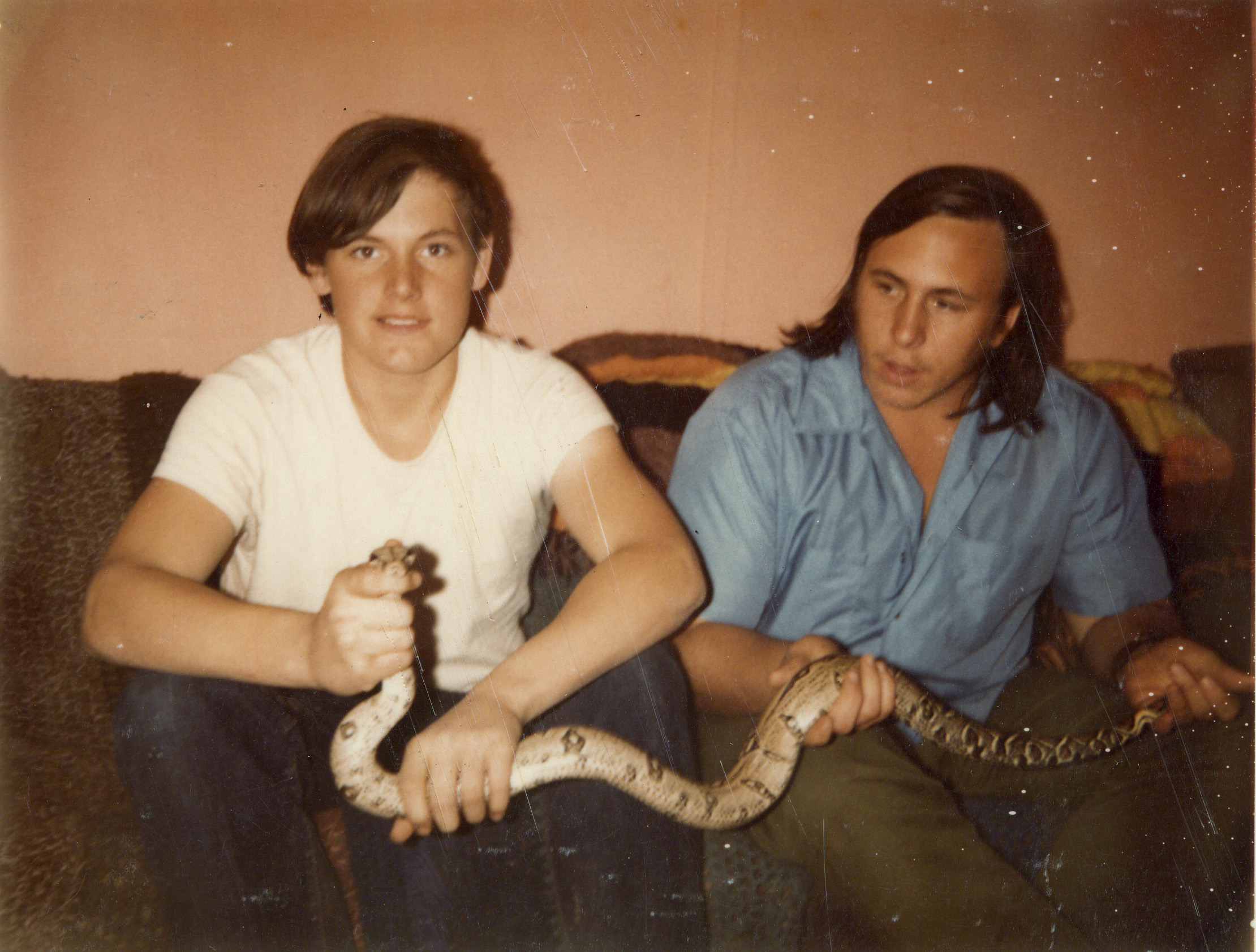 Chris Baptista and George George Bradley with boa. Prescott, AZ, ca 1974. Photo by Elizabeth Baptista.