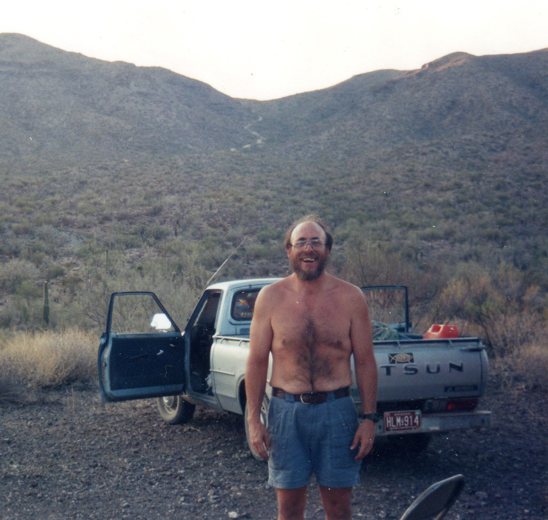 George Bradley at camp. Bullard Peak, Harcuvar Mts., AZ., 7 June 1996. Photo by Chris Baptista.