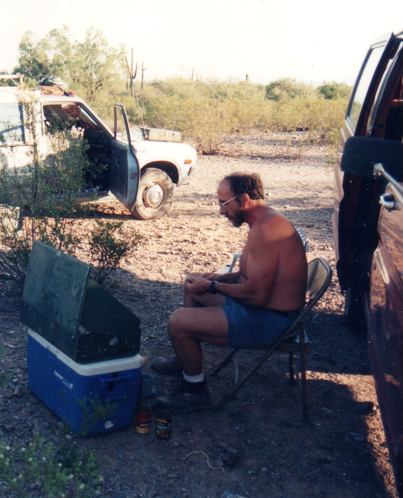 George Bradley at camp early AM, 10 Aug 1996, Vekol Valley, Arizona.